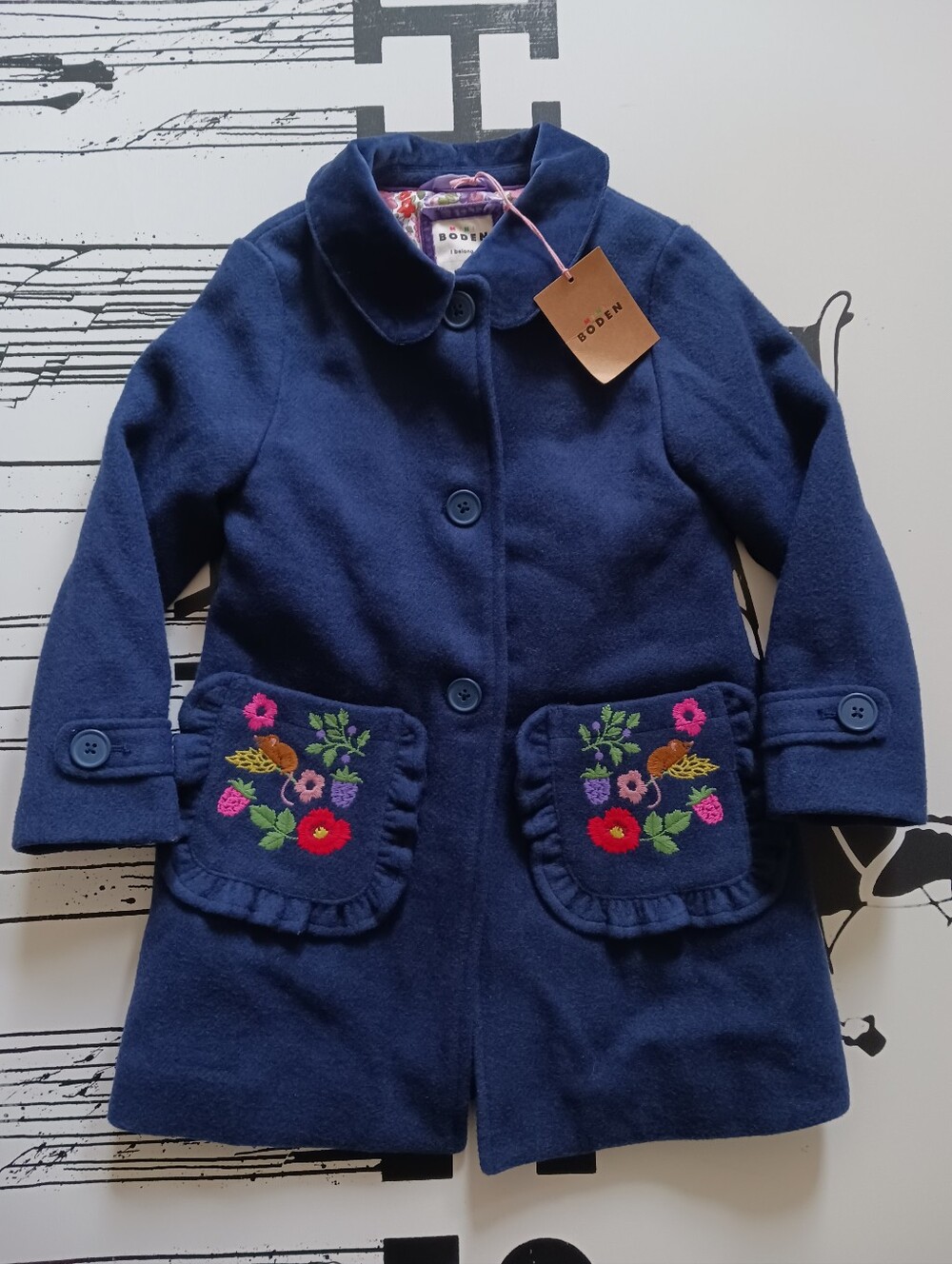 NWT Boden College Navy' Wool Blend Coat with Floral Embroidered Pockets Size 4-5